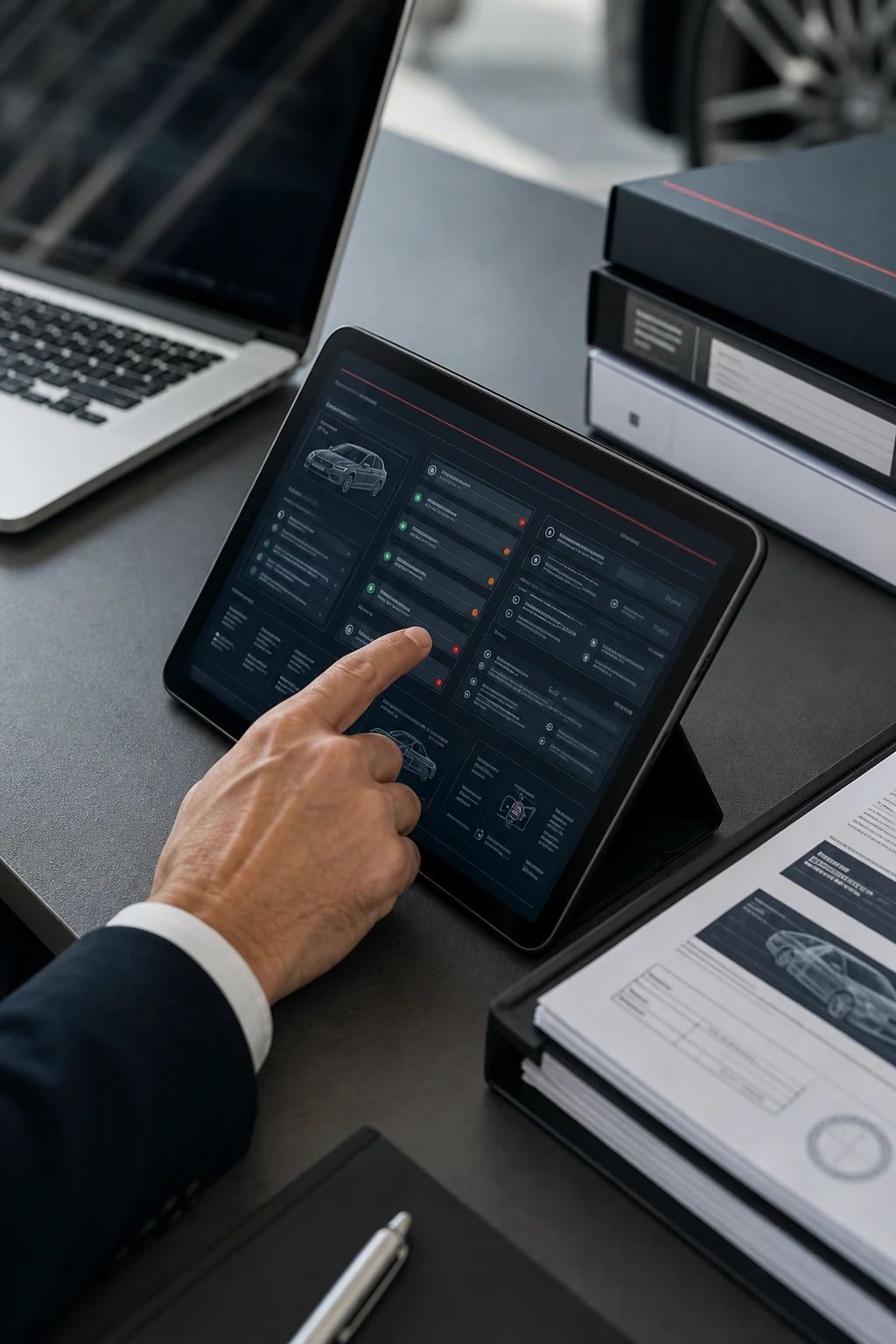 Structured type approval data displayed on a tablet beside certificate folders